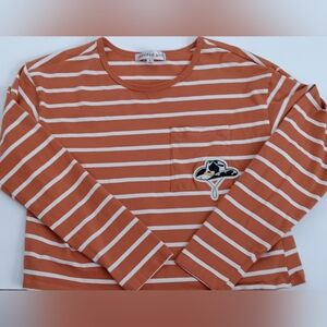 Madden Girl Junior's Orange/White Striped Long Sleeve Pocket Tee Embroidered L